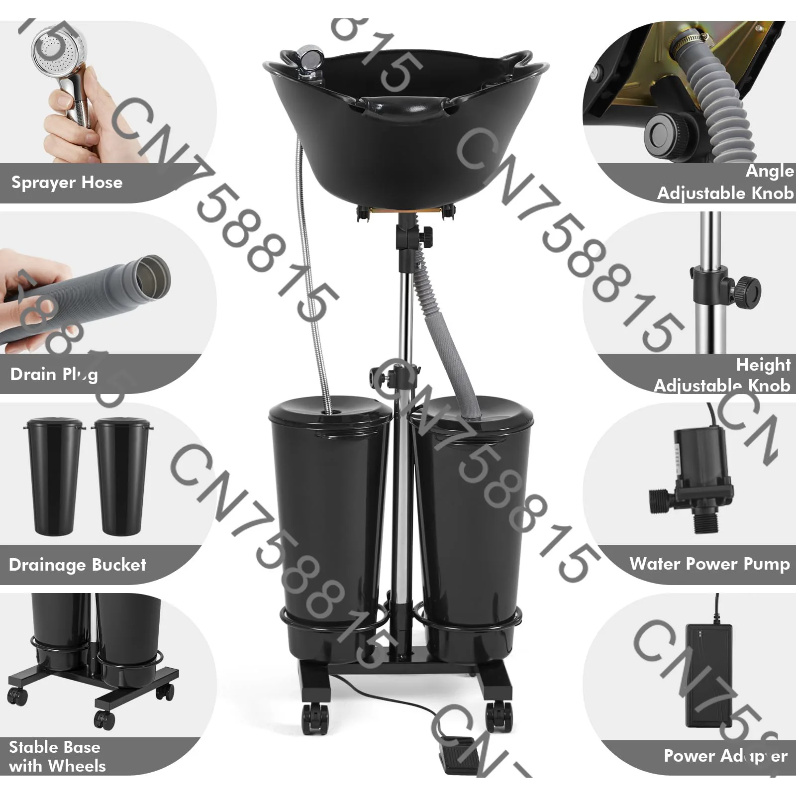 For Barber Shop Home Hairdressing Salon，Portable Vertical Shampoo Basin With Water Pump Movable Double Bucket Hair Washing Sink