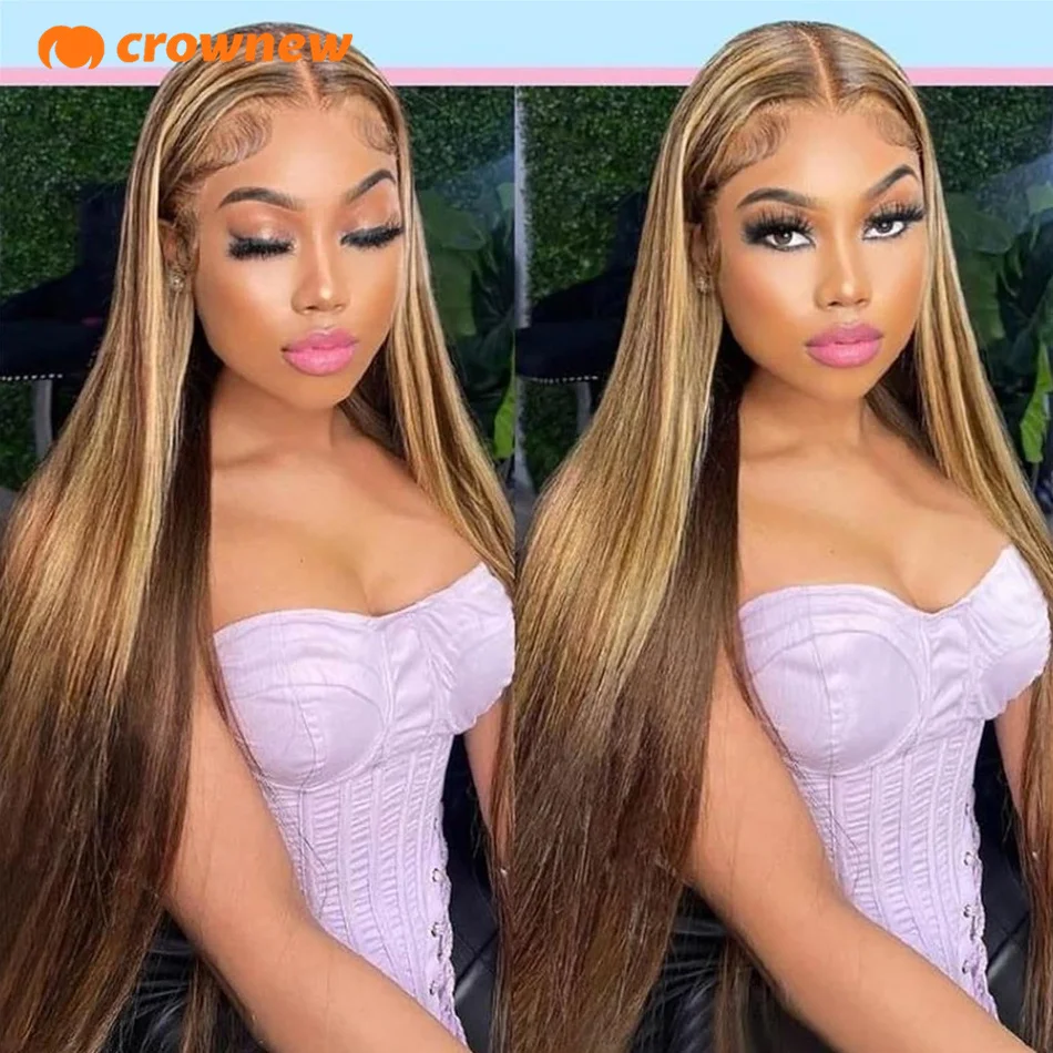 

13x4 Human Hair Wig Highlight P4/27 Straight Lace Wigs Honey Blonde Colored Wigs HD Transparent Lace Front Wigs For Women