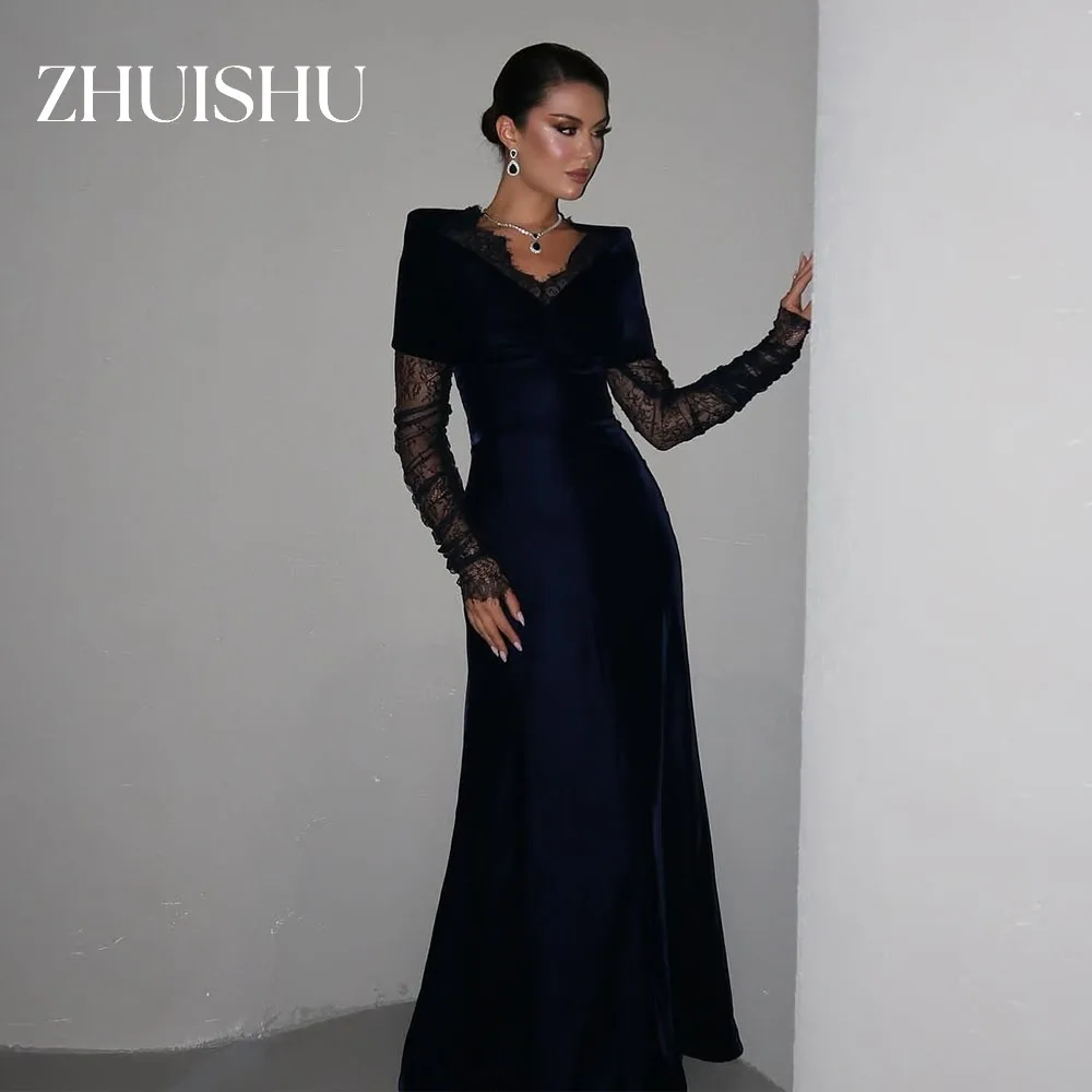 ZHUISHU Off the Shoulder Lace Long Sleeves Evening Gown V-Neck Mermaid Saudi Formal Event Dresses Customized Prom Party Gown