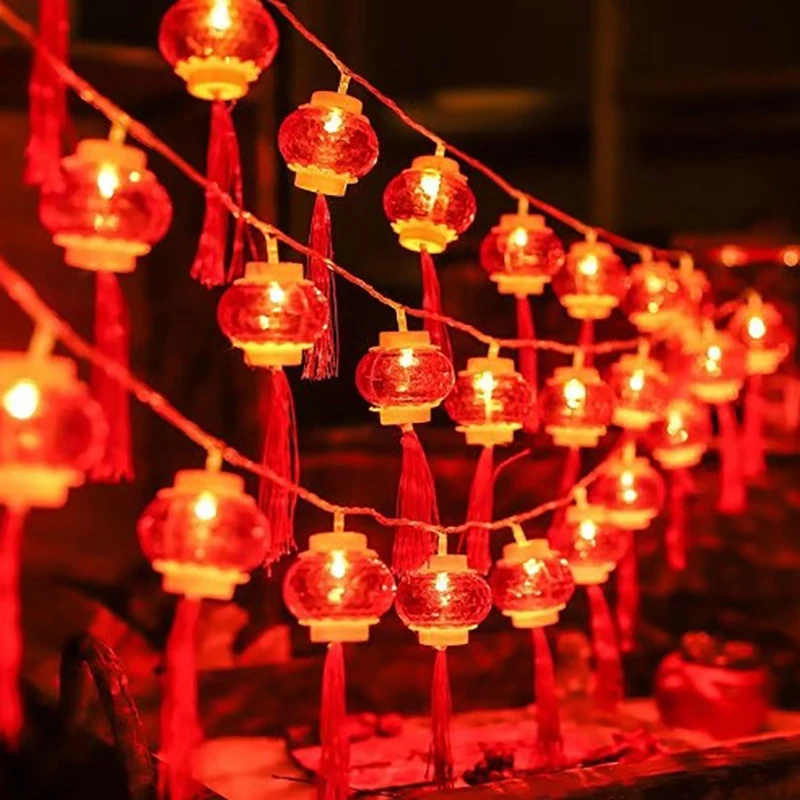 1.5M 10Light New Year Red Chinese Lantern With LED Lights Good Luck Mini Lantern Decorative Hanging Chinese New Year Decoration