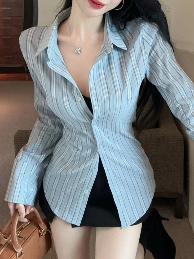 

Slim Fit Blue Striped Commute Shirt Women's Long Sleeve Waist Cinched Shirt Korean Style Autumn Pure Desire Fashion Lazy Style