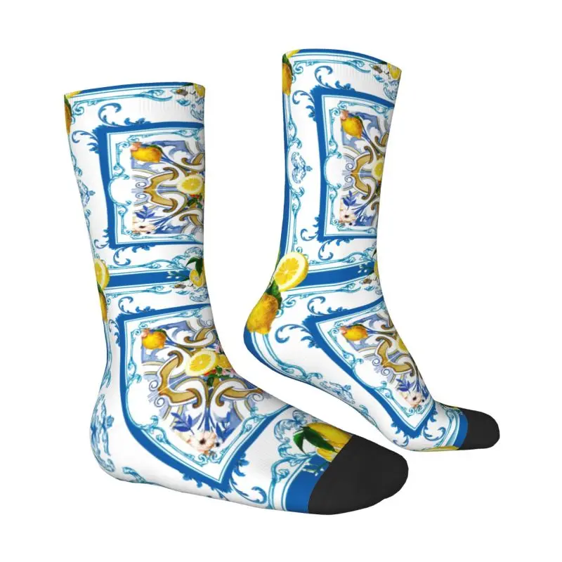 Custom Mediterranean Lemons Sicilian Tiles Dress Socks Men Women Warm Fashion Crew Socks