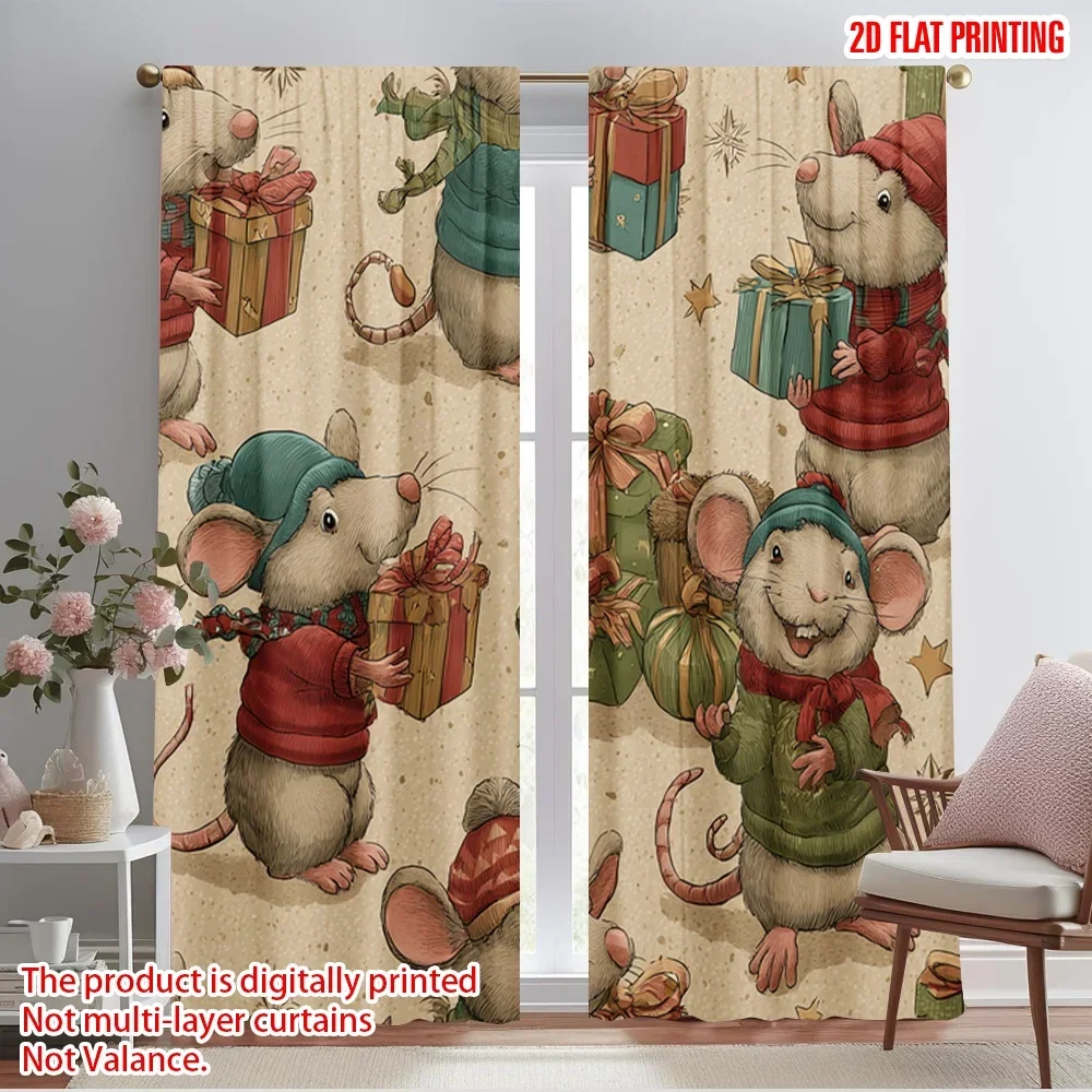 2pcs,2D plane printing Popular Curtain Panels Santa Hat Mice_ Snowflakes& Presents Versatile Durable Polyester (without rod)