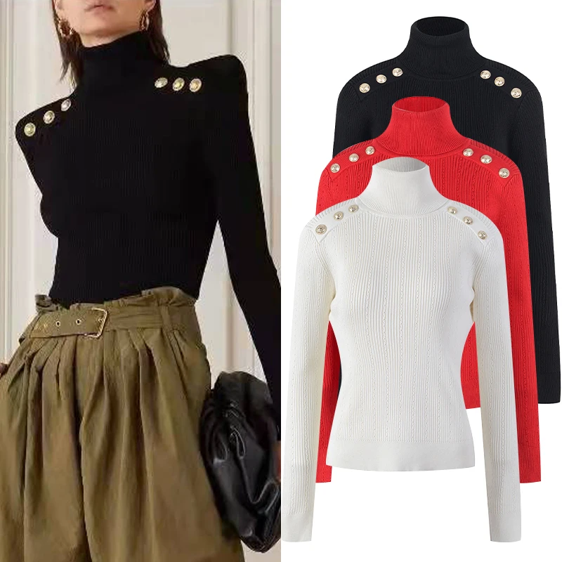 

Ele Parisian High-End Knitted Sweater Women's Slim Fit Long Sve High Collar Top Gold Bule Vintage Sle