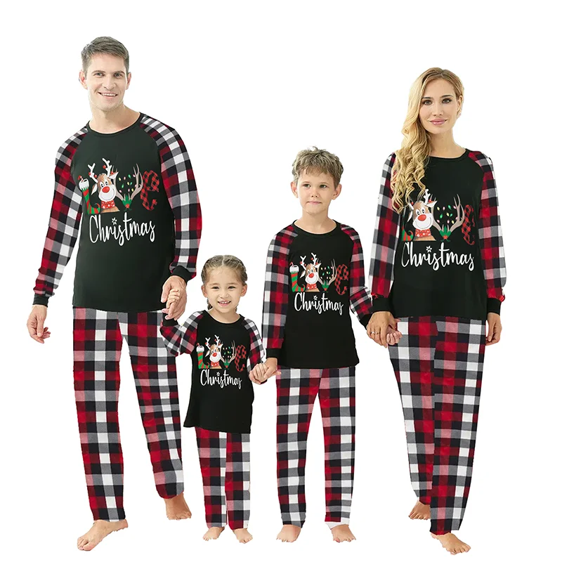 

Family Matching Christmas Pajamas Set Reindeer Print Romper Long Sleeve Tops with Plaid Pants for Kids Dads and Moms Cozy