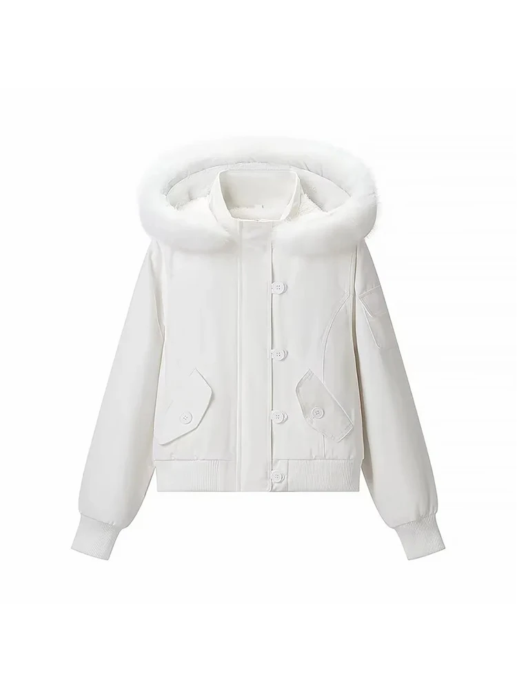 

Women New Fleece Lined Thickened Single-breasted Hooded Jacket Short Outerwear Style Stand Collar Street Style Hooded Jacket