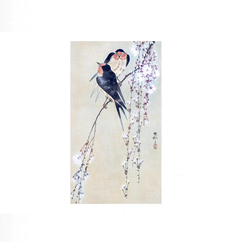 TWO BARN SWALLOW BIRDS ON BLOSSOMING CHERRY TREE by Ohara Koson Photo, Art Print Canvas Poster, Living Room Decor, Home Wall