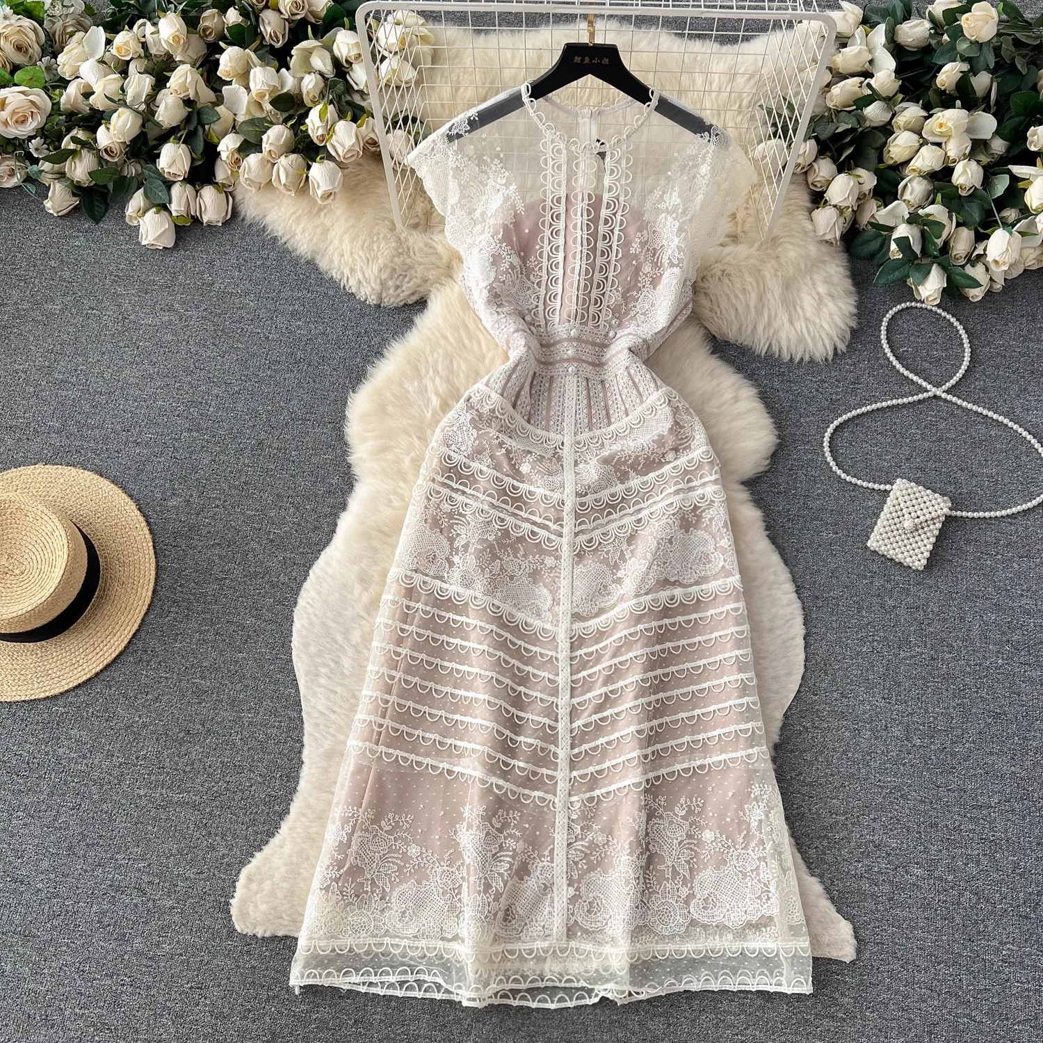 Summer Women Lace Dress Embroidery Flower Midi Long Party Dresses Female Runway Vestidos