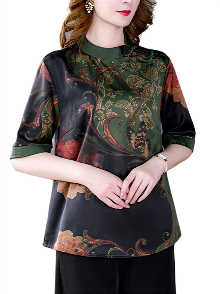 

5XL Loos Women Spring Summer Blouses Shirts Lady Fashion Casual Half Sleeve O-Neck Collar Silk Retro Blusas Tops CT0423