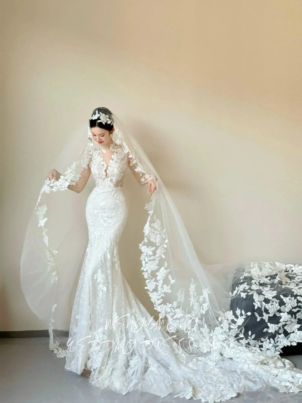 ZHUISHU Elegante Applikationen Korea Meerjungfrau Hochzeit Kleid Mit Langen Ärmeln V-ausschnitt Backless Brautkleider Angepasst Vestido de novia