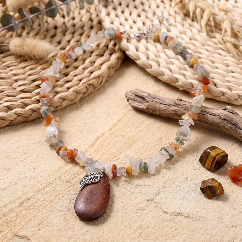 Natural gravel handmade beaded collarbone chain retro ethnic feng shui drop wooden pendant necklace women's cross-border jewelry