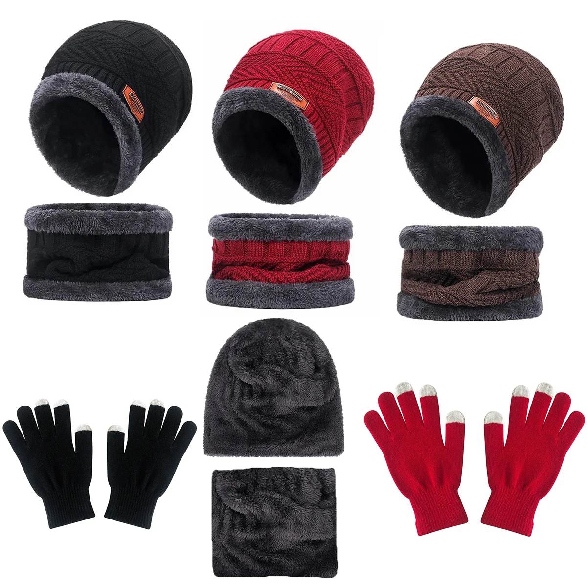 2pcs+1 pair Winter Warm Velvet Hat Scarf Gloves Set Winter Hats Knit Cap Men And Women Velvet Hat Coral Fleece Scarf Outdoor Rid