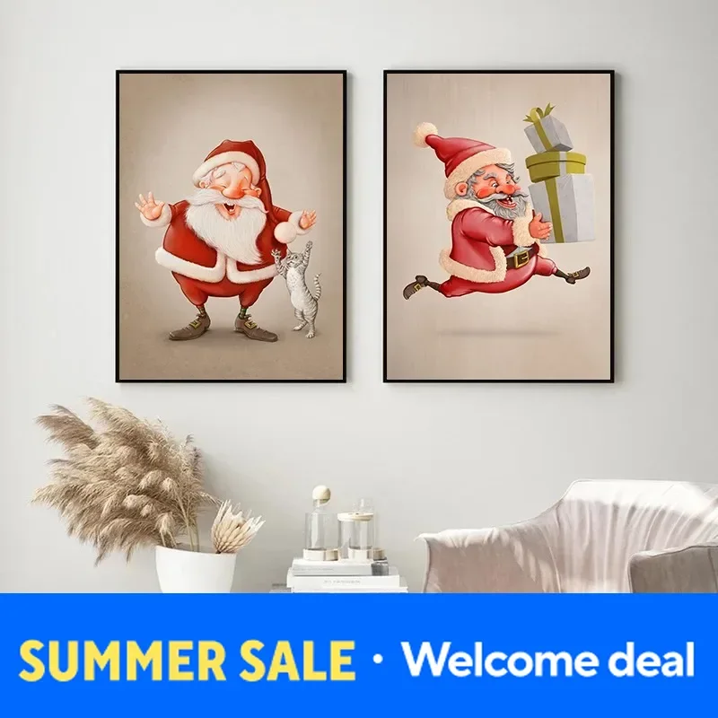 Canvas Painting Wall Art Cartoon Cute Santa Claus Poster Happy Santa Claus for Kawaii Kids Living Room Home Decor Christmas G