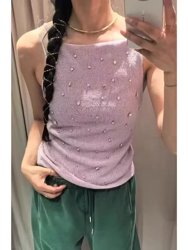 

Summer 2025 New Arrival Women's Faionable Diamond-Embedded Strapl Straight-Ne Crop Top Sweet Sle Polyester Fiber