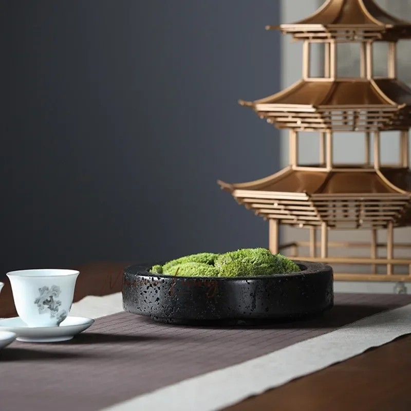 

Natural Marble Green Planter Flower Pot Luxury Stone Simulation Moss Flowerpot Round Travertine Vase Home Coffee Table Decoratio