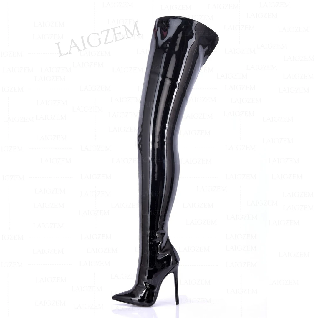 

ZHIMA Women Crotch High Boots Shiny Side Zip Pointed Toe High Heels Boots Thigh High Ladies Shoes Woman Big Size 41 43 45 47