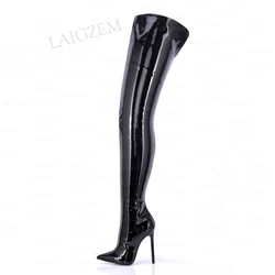 ZHIMA Women Crotch High Boots Shiny Side Zip Pointed Toe High Heels Boots Thigh High Ladies Shoes Woman Big Size 41 43 45 47