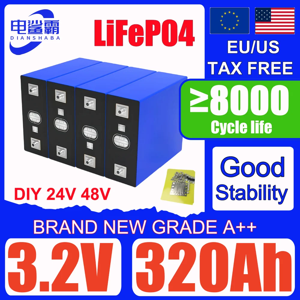 16~64PCS 3.2V 320Ah 12v 24v 48V Lifepo4 Brand 8000 Cycles Rechargeable Batteries DIY Boat Golf Cart Yacht Van Cell Pac Solar RV