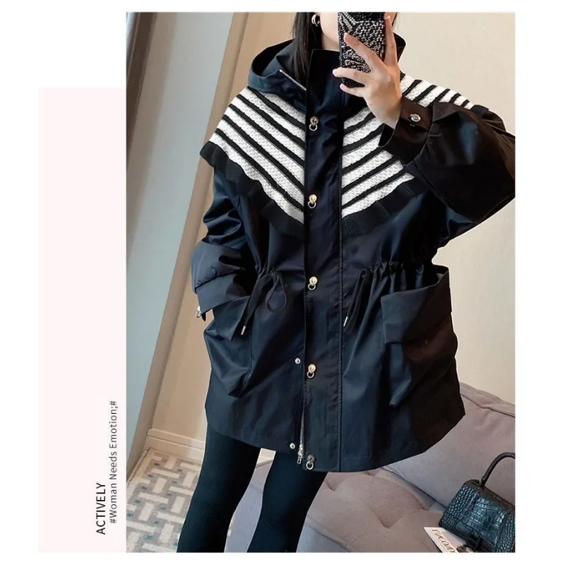 Streak Mid-length Coat Female Western Style Waist in Flounce Jacket Spring and Autumn New Fashion Hooded Loose coat