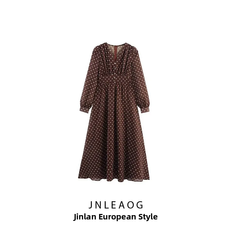 فستان أنيق بتصميم منقط وياقة على شكل V مع خصر ضيق، تصميم أنثوي راقٍ، إصدار جديد للخريف، فستان نسائي بأكمام طويلة وقصة مستقيمة #4