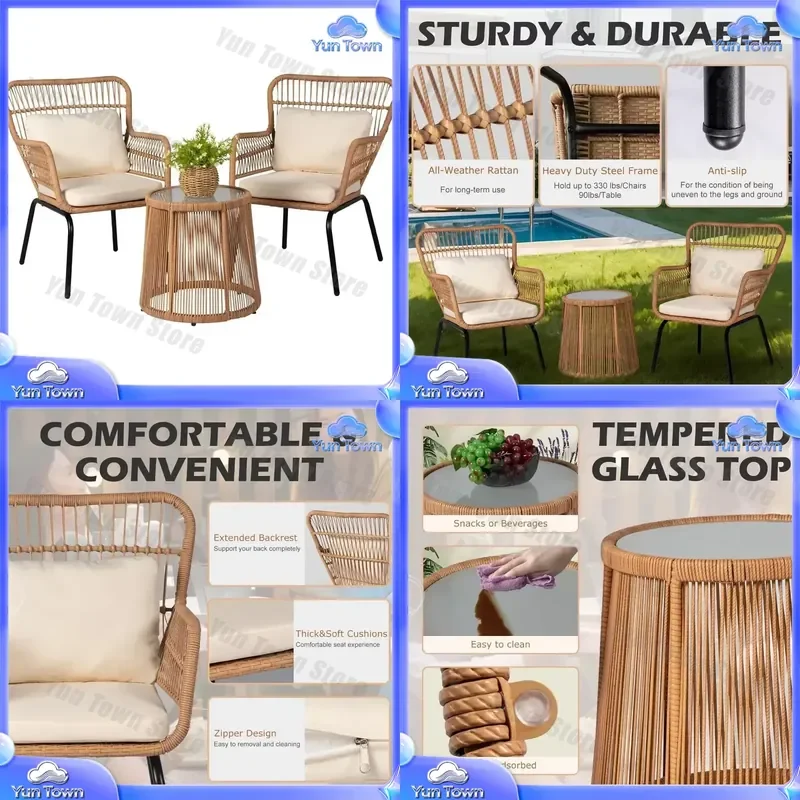 3 Piece Outdoor Wicker Bistro Set for Patio Porch Garden Rattan Chairs Conversation Set for Small Space Balcony Backyard
