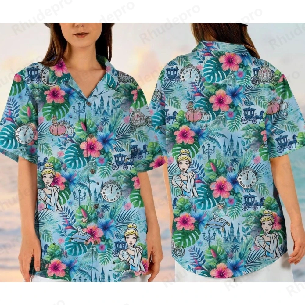 

Disney Summer New Cinderella Hawaiian Shirt Men's And Women's Short Sleeve Button Up Shirt Casual Beach Hawaiian Shirt