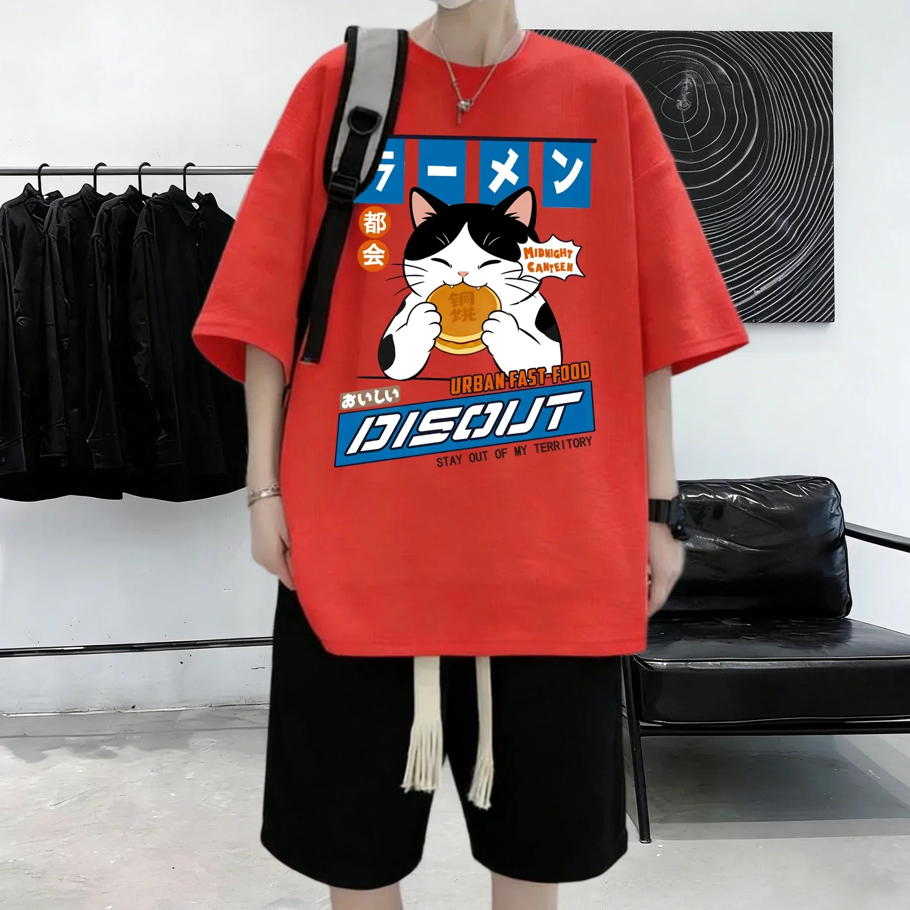 Cows Cats Who Enjoy Eat Braised Gongs Printed Cotton Summer Casual Tops Mens High Street Simple T-Shirts Fashion Clothing