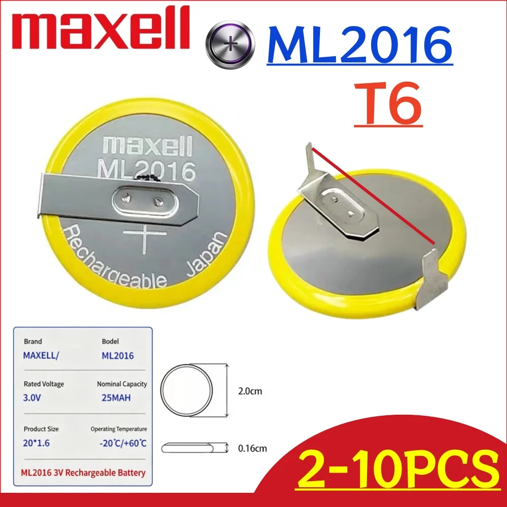 2-10PCS Original-MAXELL ML2016 T6 180° Rechargeable Battery Can Replace CR2016 Photokinetic Kinetic Energy Rechargeable Batter