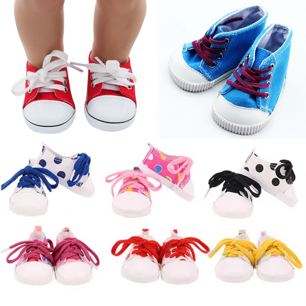 

7CM Canvas Doll Shoes Dolls Spotted Lace Up Sneakers Shoes Suit for 18 Inch Height Girl & 43cm American Doll Accessories