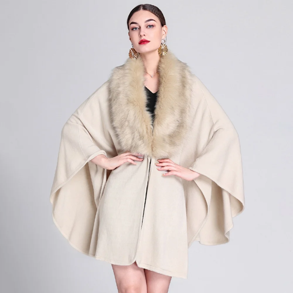 

5 Color Solid Knitted Faux Cashmere Shawl Overcoat Women Big Faux Fox Trim Collar Loose Poncho Cape Winter Thick Outer Wear