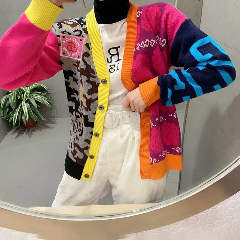 Han Guodong Door New Collections Couture Fashion Leopard Splicing Flower Color V-neck Knitted Cardigan Korean Fashion