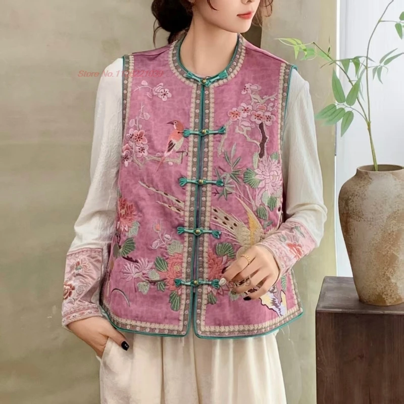 

2025 chinese vintage vest sleeveless jacket national flower embroidery satin jacquard o-neck vest traditional ethnic folk vest