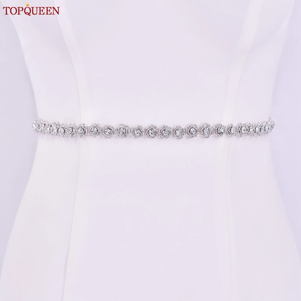 TOPQUEEN New Designed Evening Dress Belt Bride Thin Belt Silver Rhinestone Flower Long Applique Bridesmaid Waist Seal Gift S143