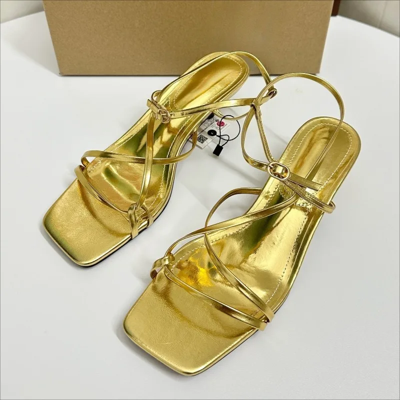 

Golden Suqare Toe Women Party Shoes Thin Strap Design Elegant Kitten Heels Slingbacks Open Toe Luxury Ladies Modern Sandals