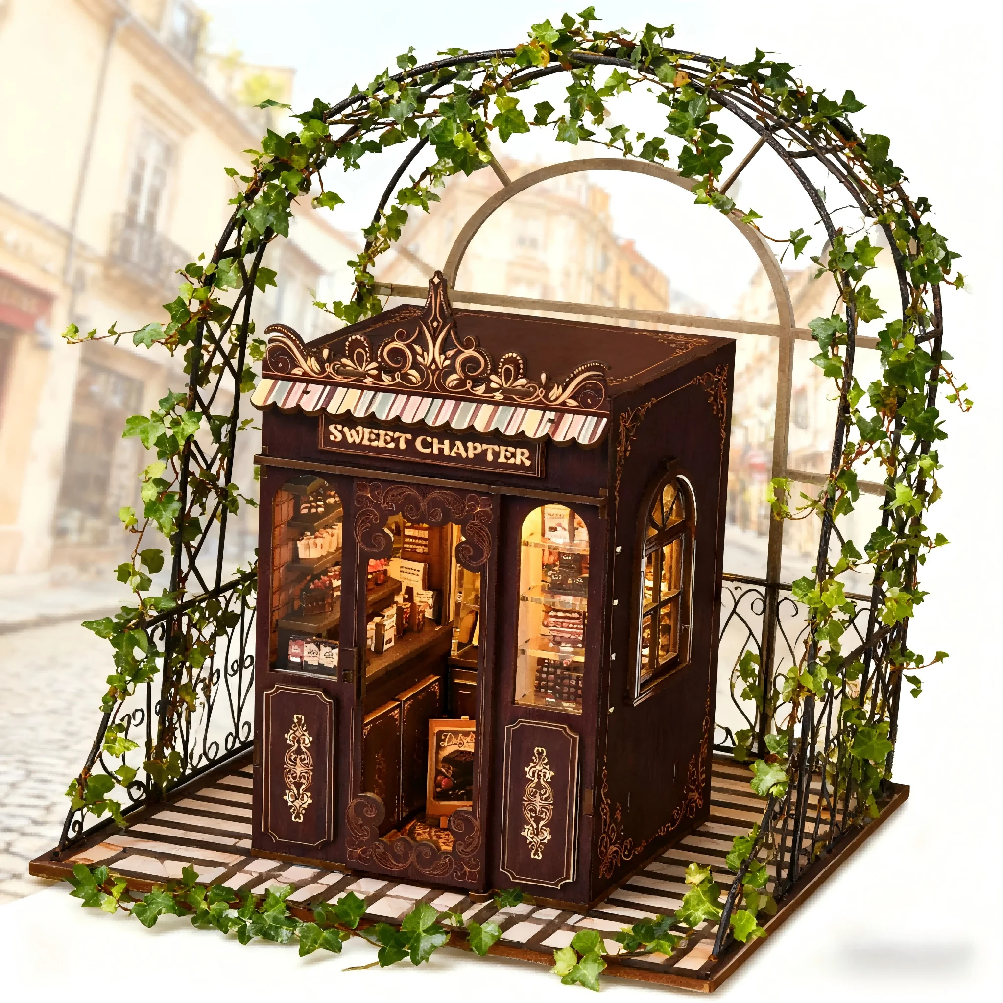 DIY كتاب الزاوية الحلو الفصل الحلوى متجر خشبي مصغر نموذج أطقم ثلاثية الأبعاد لغز Bookend رف الكتب ديكور هدية #1