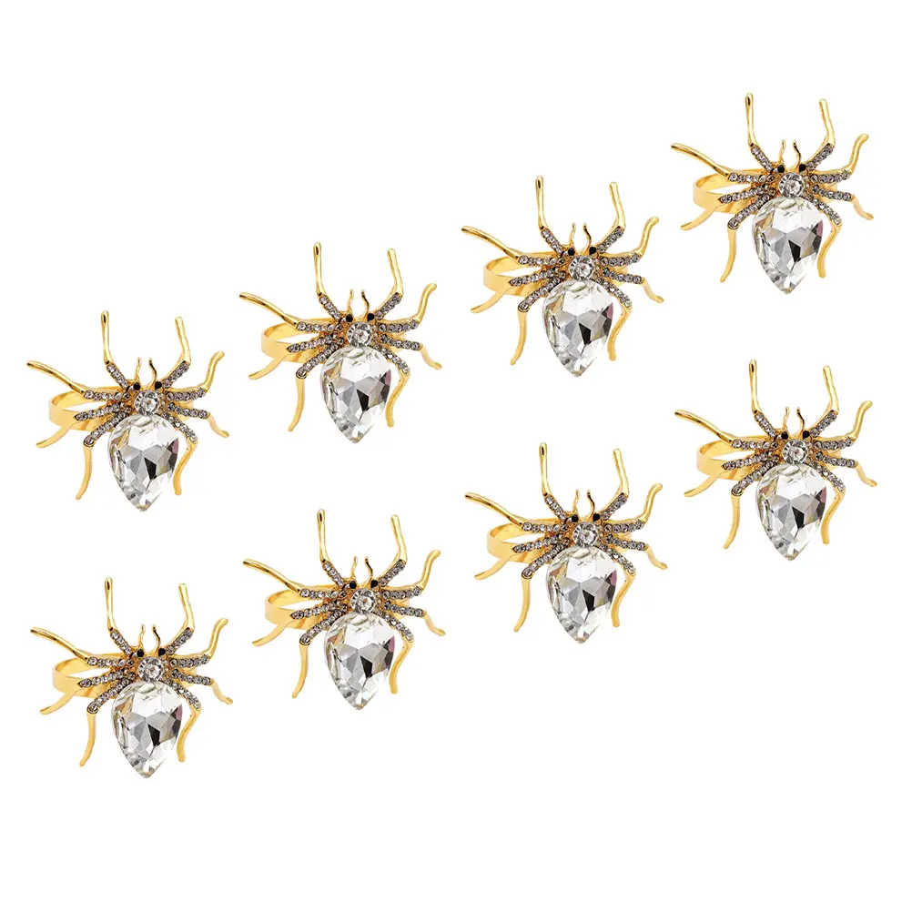 

8pcs Halloween Style Napkin Golden Metal Spider Rhinestone Serviette Buckles Dinner Table Decor Accessories