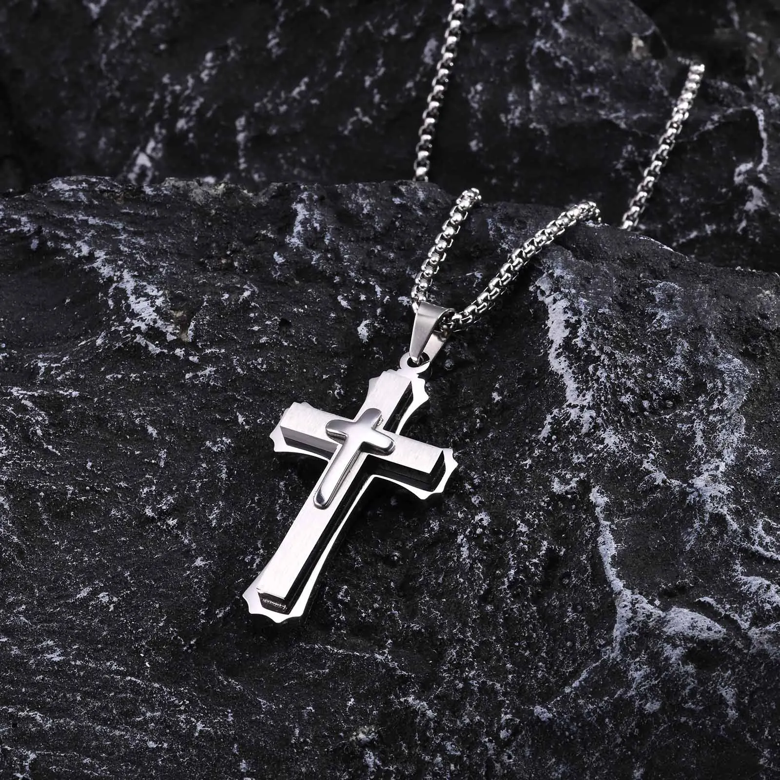 Mprainbow  Mens 3-Layers Cross Necklaces,Waterproof Stainless Steel Faith Pendant Collar with Box Chain Religious Prayer Jewelry