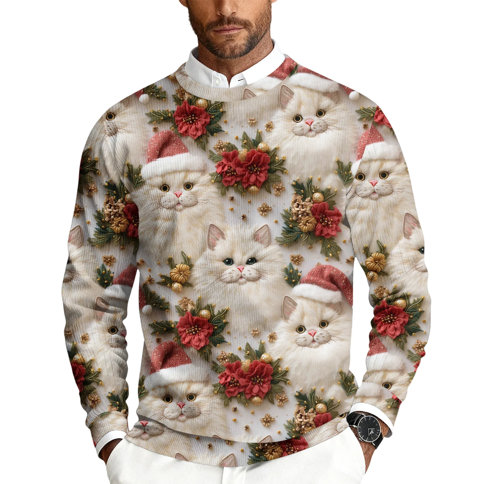 Sweater Rajut Pria Motif Natal Kerah Bulat Lengan Panjang Model Longgar Kasual Bisnis