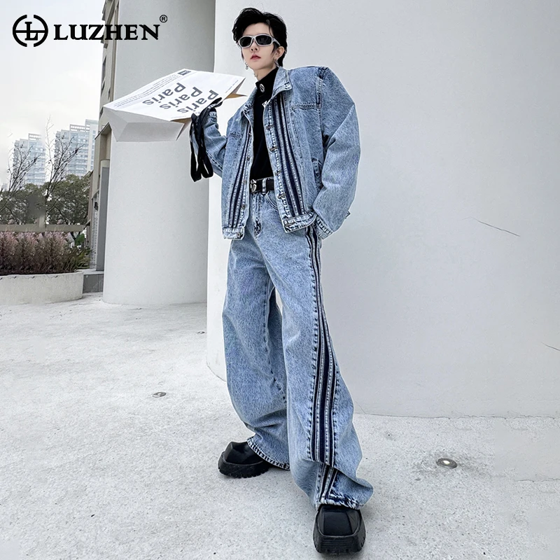 LUZHEN 2024 Autumn Fashion Splicing Design Two-piece Sets Men's High Street Original Trendy Straight Jeans Denim Jacket LZ1544