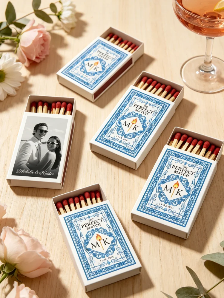 

Personalized Photo & Initials Wedding Matchboxes, The Perfect Match Vintage Style, Custom Favors for Bridal Shower & Engagement