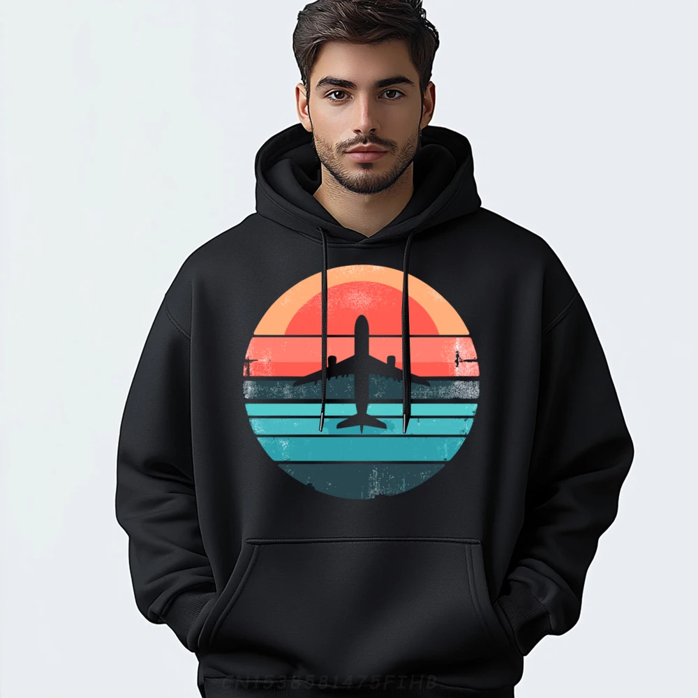 

Vintage Airplane Sunset Adventure Travel Men Graphic Tees Durable Printed Sweater Outdoor Man Hooded Shirt