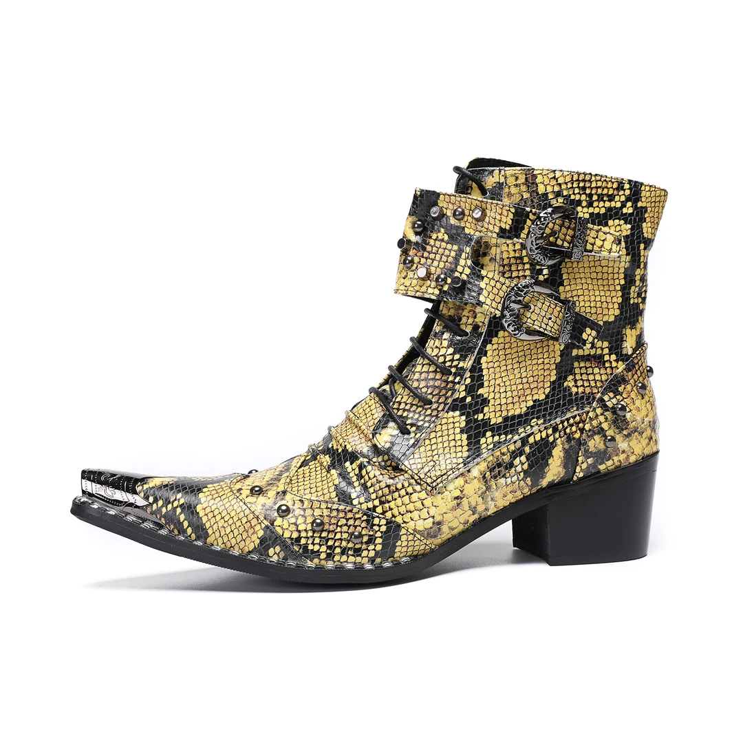 Men's Genuine Leather Mid-Calf Stage Boots with Zipper and Lace-Up Closure Metal Toe Cap Gold Party Biker Boots