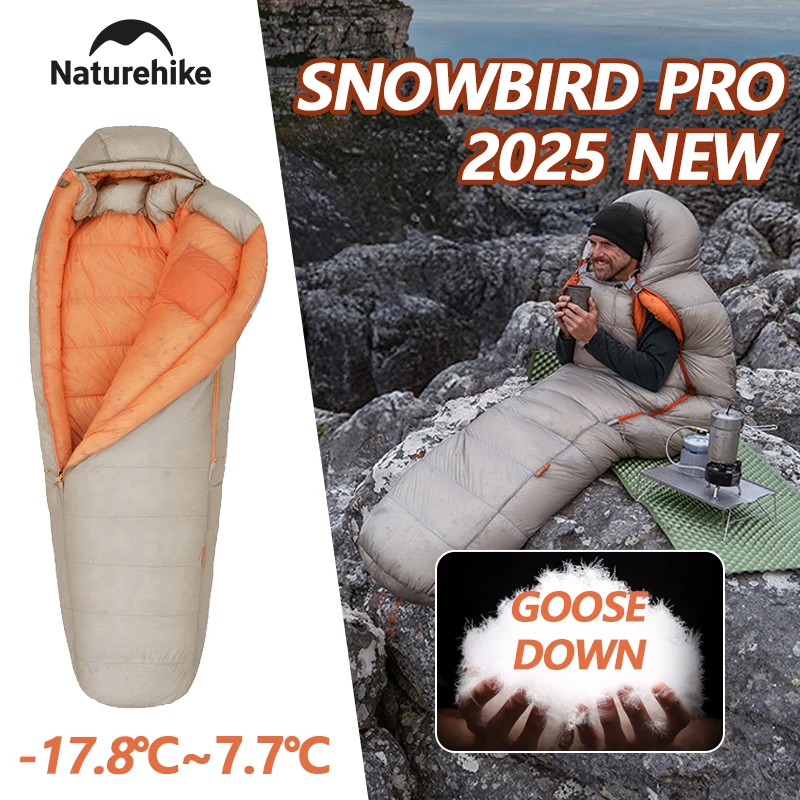 

Naturehike, новинка 2025, спальный мешок на гусином пуху Snowbird Pro, кемпинговый зимний теплый ветрозащитный пуховый спальный мешок, спальные мешки для мамы