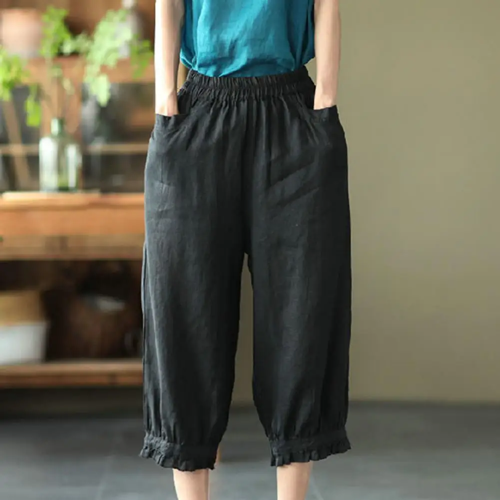 Solid Color Pants Women Casual Trousers Stylish Women's Harem Pants with Elastic Waist Pockets Mid-calf Length Soft for Summer