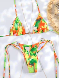 Triangle Bikini Set Printed Swimwear Halter Swimsuit Women 2024 Thongs Bathing Suit Brazilian Biquini Sexy Beachwear Summer