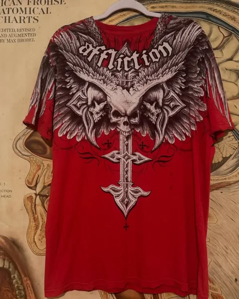

Affliction Gothic T-Shirt for Men Red Wings Skull Vintage Graphic Tee 2000s Y2K Streetwear Soft Cotton Comfort Fit Punk Rock