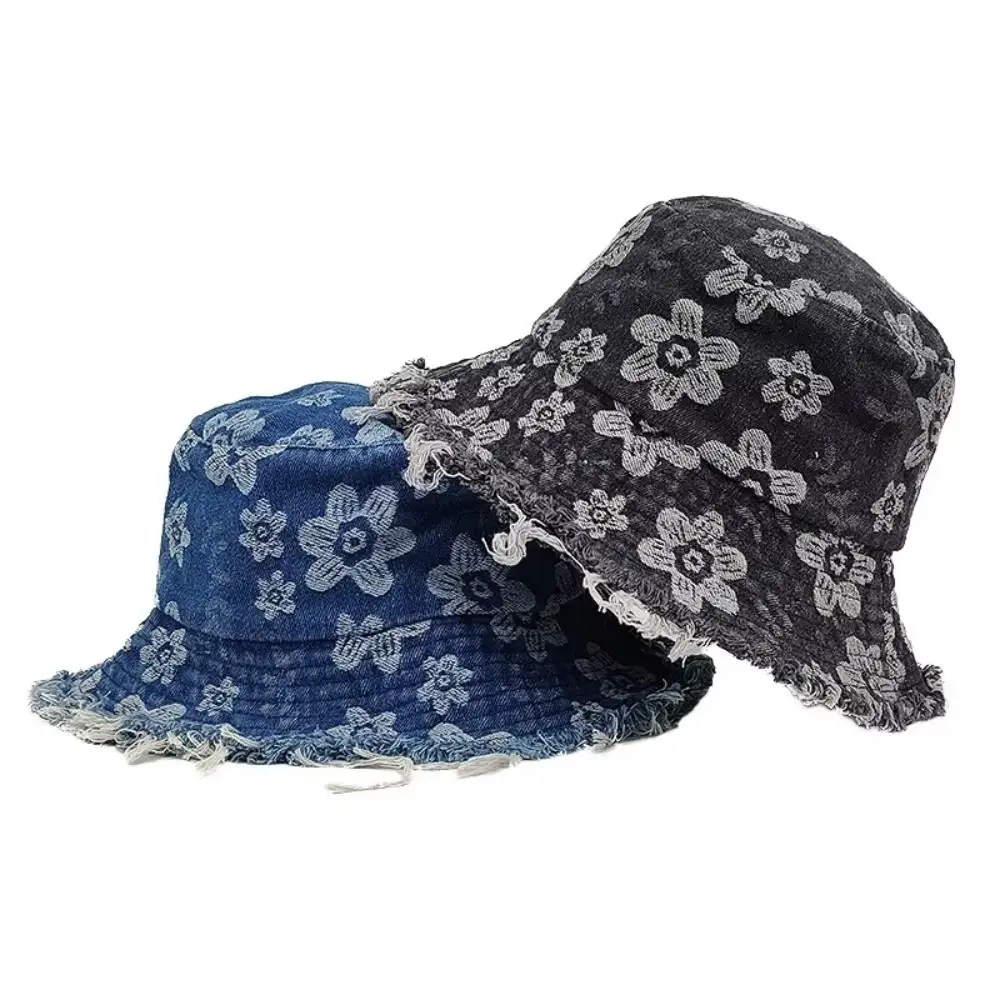 غسلها الدنيم صياد قبعة زهرة مطرزة المتوترة حافة كاوبوي دلو القبعات موضة الكورية نمط واقية من الشمس قبعة واقية من الشمس عطلة