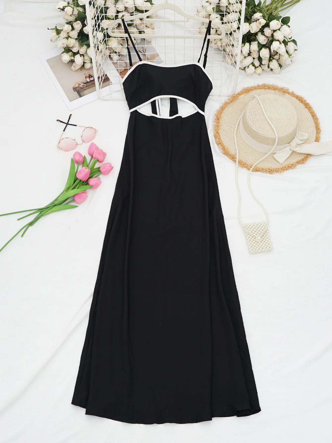 One Spring & Summer Black-White Cutout Slip Maxi Dress, Fashionable & Comfortable, Casual Personalized Style, Outdoor Trip, Youn
