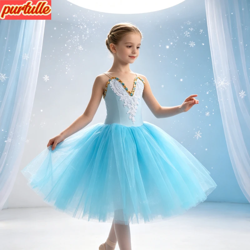 Romantic Soft Tulle Ballet Outfit Floral Lace Applique Bodice Gemstone Edge Straps Flowy Aqua Skirt for Dance Recital & Shooting