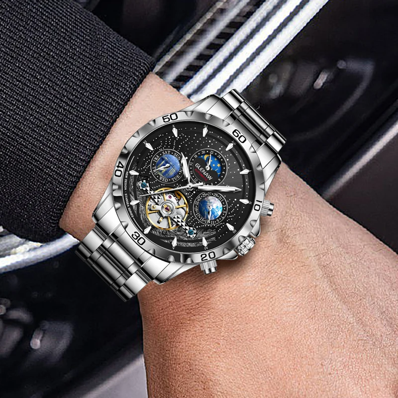 ساعة يد ميكانيكية ترفيهية للرجال من GLENAW لعام 2023 ساعة بتقويم لمرحلة القمر والأسبوع مقاومة للمياه وتوهج من الفولاذ المقاوم للصدأ
